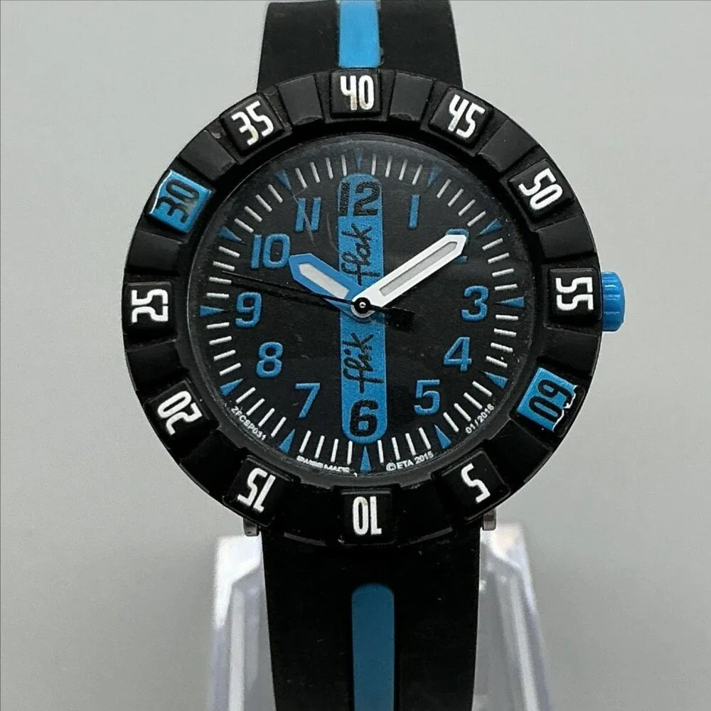 Flik Flak IV41 Boys Watch 34mm Black Blue Dial Swiss Sport Rubber New Battery